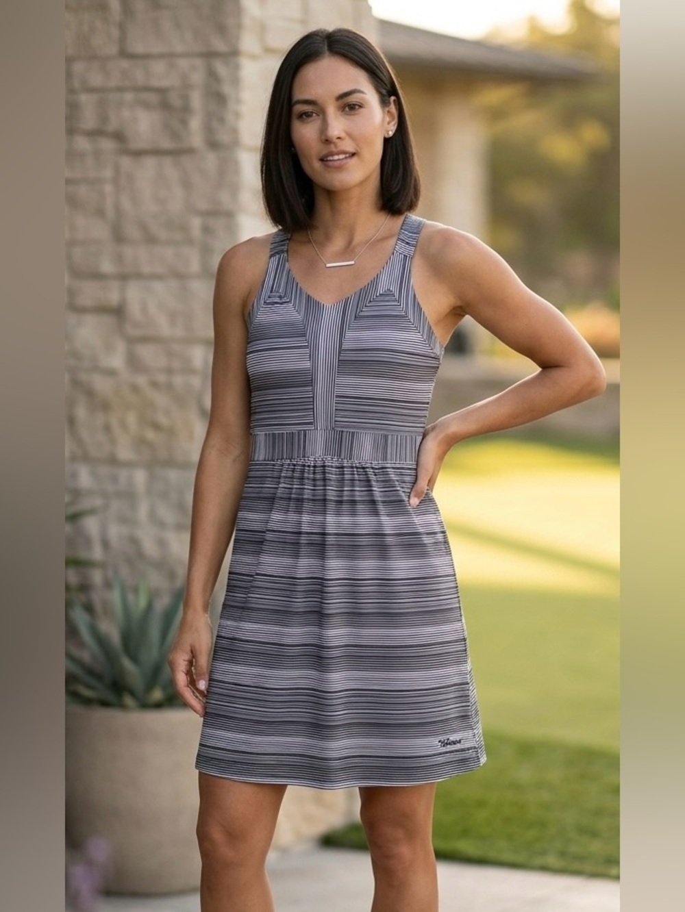 TEHAMA Gray Striped Empire Waist Athletic Golf Tennis Dress Womens Size Medium